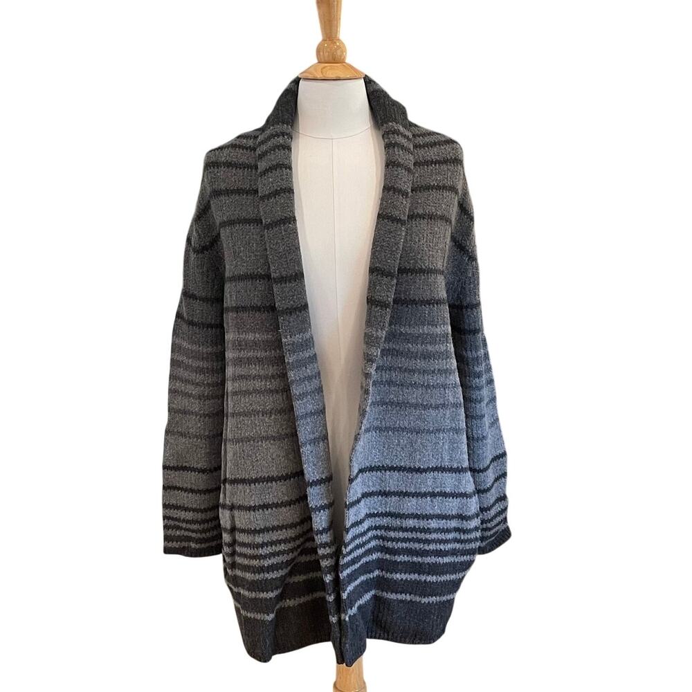 J. Jill Wool Blend Gray Striped Long Open Cardigan Sweater Coat, Minimalist, M